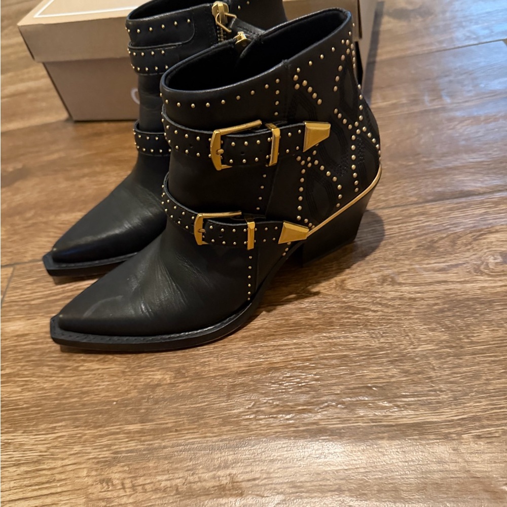 Dolce Vita Black Ankle Boots with Gold Buckles